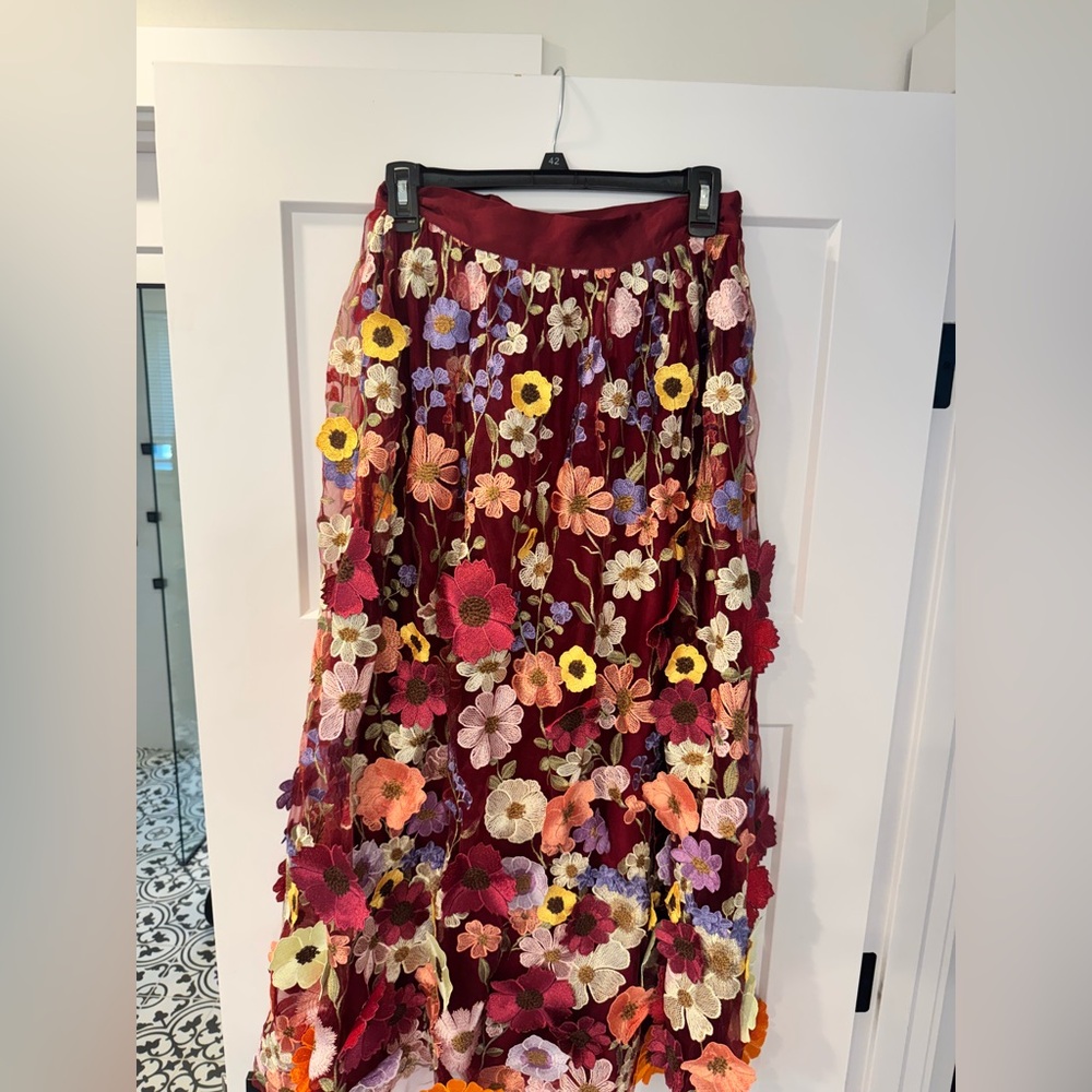 Sugar Thrillz Burgundy Floral Embroidered Midi Skirt